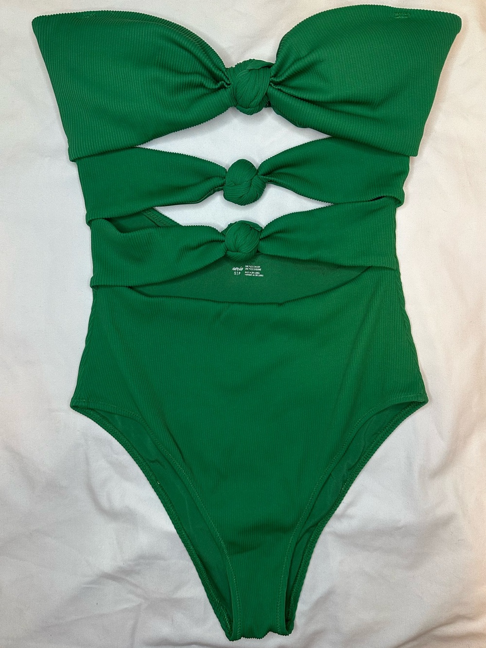 Aerie Ribbed Cutout Knot Bandeau One Piece Swimsuit Green Small Cheeky